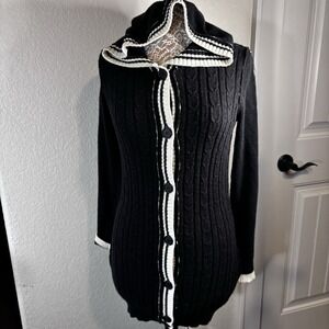 James Perse Long Hooded Cardigan Sweater Black /White Trim  Cotton/Linen‎ Large